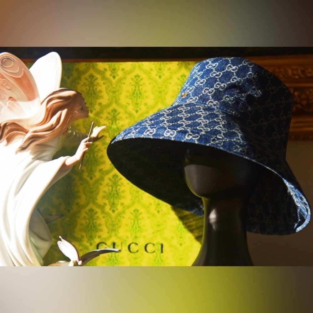 Gucci Denim GG Monogram Bucket Hat Wide Large Brim Navy Blue Sun Coverage - Picture 8 of 16